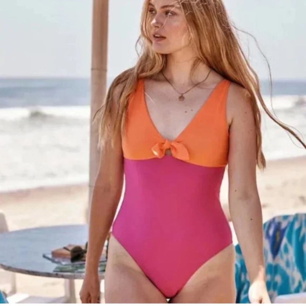 Summersalt NWT The Jetsetter Orange Pink One PieceSwimsuit Bow Color Block Sz 6
